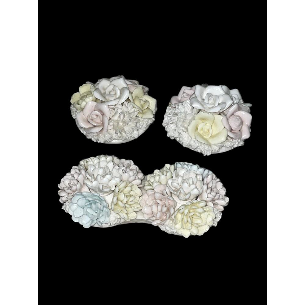 Vintage Lenwile Ardalt Japan Rose Floral 3-Piece Porcelain Taper Candle Holders
